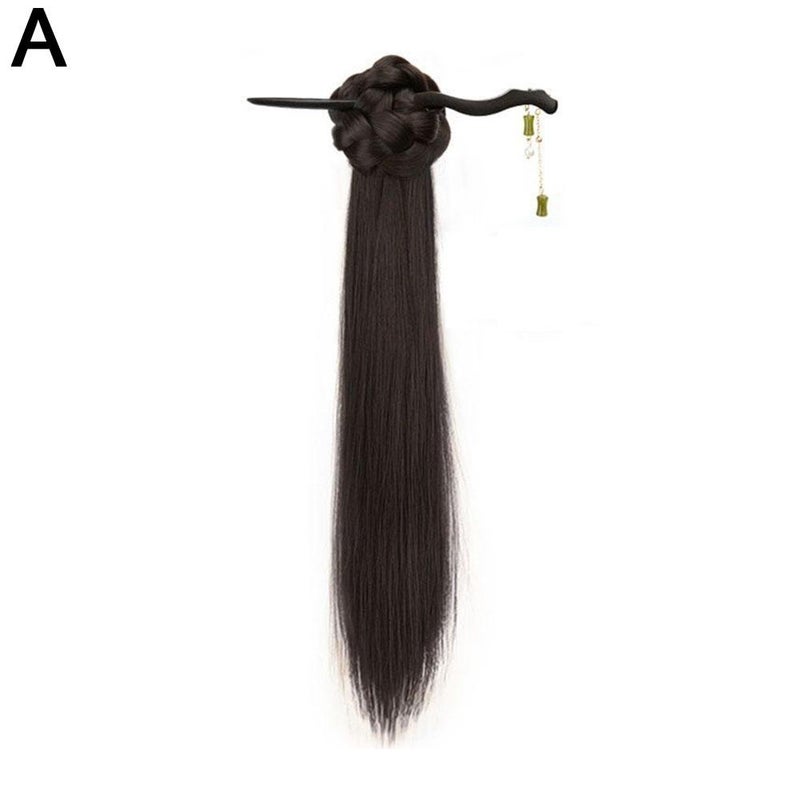 New Chinese style braided ponytail wig for women, ancient style, flower bun hair clip, Hanfu cheongsam braided side tie hairpin braided ponytail